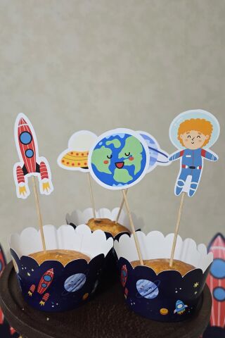 Uzay Tema Kürdan Süsleri Cupcake Süsleri Lüks Büyük Boy 10lu Paket