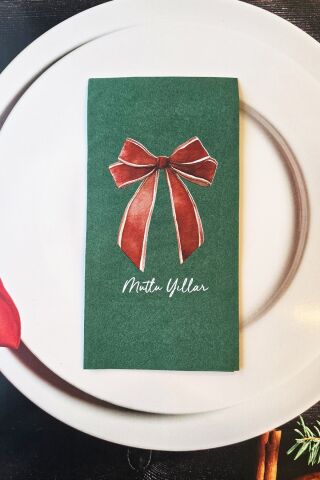 Zarif Fiyonk Tasarım Baskılı Yeşil Yılbaşı Peçetesi 12li Paket