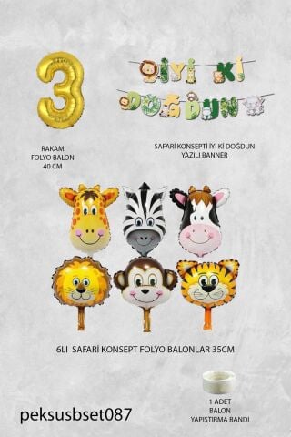 Safari Temalı Doğum Günü Parti Seti Yaş Balonlu Bannerlı Doğum Günü Süsleme Seti