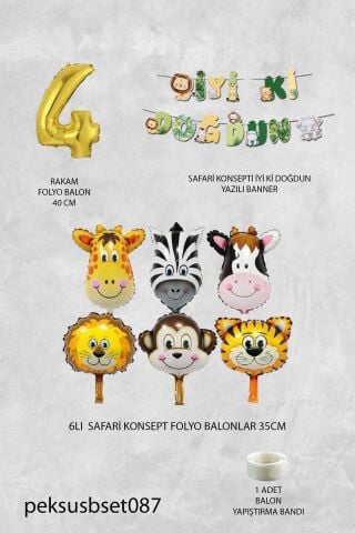 Safari Temalı Doğum Günü Parti Seti Yaş Balonlu Bannerlı Doğum Günü Süsleme Seti