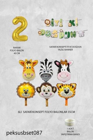 Safari Temalı Doğum Günü Parti Seti Yaş Balonlu Bannerlı Doğum Günü Süsleme Seti 2