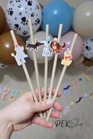 Sevimli Köpekler Tema Pipet Süsleri 10lu Köpekler Konsept Lüks Pipet Paketi