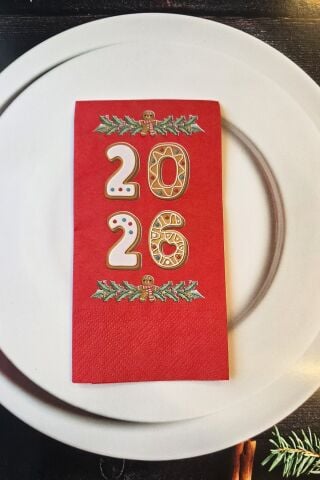 2026 Kurabiye Adam Gingerbread Tasarım Baskılı Kırmızı Yılbaşı Peçetesi 12li Kırmızı Peçete