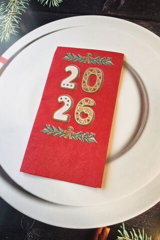 2026 Kurabiye Adam Gingerbread Tasarım Baskılı Kırmızı Yılbaşı Peçetesi 12li Kırmızı Peçete