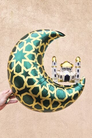 Cami Figürlü Ay Balon Yeşil - Ramazan Süsleri Ay Şekilli Camili Folyo Balon