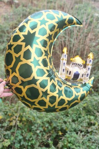 Cami Figürlü Ay Balon Yeşil - Ramazan Süsleri Ay Şekilli Camili Folyo Balon
