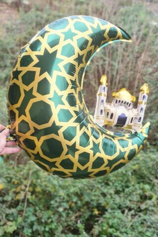 Cami Figürlü Ay Balon Yeşil - Ramazan Süsleri Ay Şekilli Camili Folyo Balon