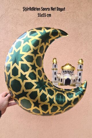 Cami Figürlü Ay Balon Yeşil - Ramazan Süsleri Ay Şekilli Camili Folyo Balon