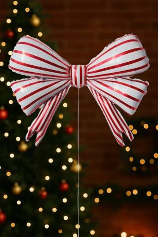 Kırmızı Beyaz Çizgili Büyük Fiyonk Folyo Balon Fiyonk Kurdele Şekilli Balon
