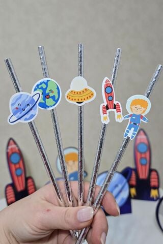 Uzay Tema Pipet Süsleri 10lu Uzay Konsept Lüks Pipet Paketi