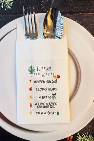 Kumaş Dokulu Beyaz Yılbaşında Yapılacaklar Baskılı Cepli Yılbaşı Peçetesi 6lı Paket