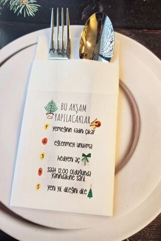 Kumaş Dokulu Beyaz Yılbaşında Yapılacaklar Baskılı Cepli Yılbaşı Peçetesi 6lı Paket