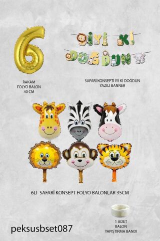Safari Temalı Doğum Günü Parti Seti Yaş Balonlu Bannerlı Doğum Günü Süsleme Seti 6