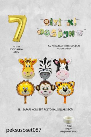 Safari Temalı Doğum Günü Parti Seti Yaş Balonlu Bannerlı Doğum Günü Süsleme Seti 7