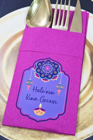 Kumaş Dokulu Cepli Fuşya Peçete Mor Hint Desenli Kına Konsept