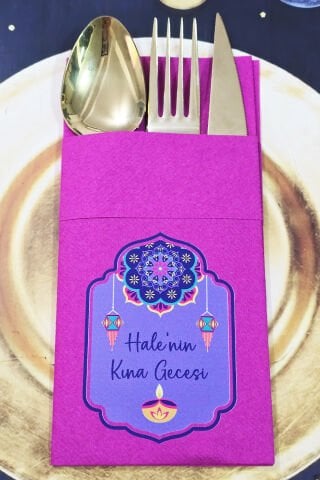 Kumaş Dokulu Cepli Fuşya Peçete Mor Hint Desenli Kına Konsept