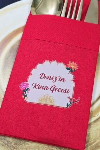 Kumaş Dokulu Cepli Kırmızı Peçete Bahar Çiçekleri Konsept Kına Konsept