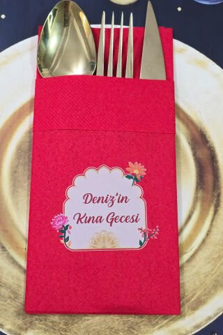 Kumaş Dokulu Cepli Kırmızı Peçete Bahar Çiçekleri Konsept Kına Konsept