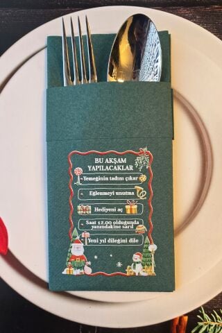 Kumaş Dokulu Yeşil Yılbaşında Yapılacaklar Baskılı Cepli Yılbaşı Peçetesi 6lı Paket