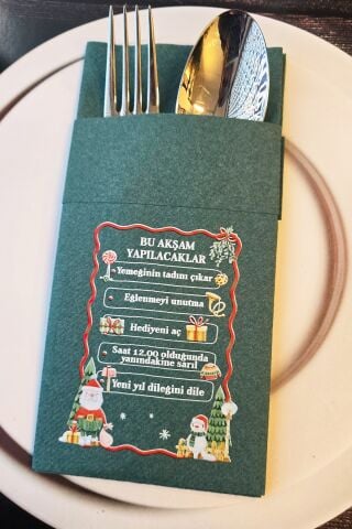 Kumaş Dokulu Yeşil Yılbaşında Yapılacaklar Baskılı Cepli Yılbaşı Peçetesi 6lı Paket