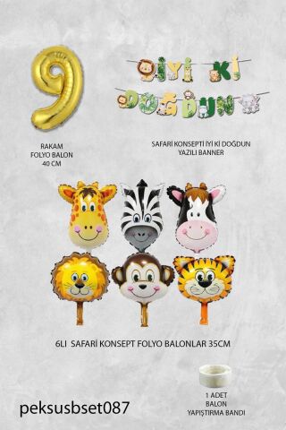 Safari Temalı Doğum Günü Parti Seti Yaş Balonlu Bannerlı Doğum Günü Süsleme Seti 9