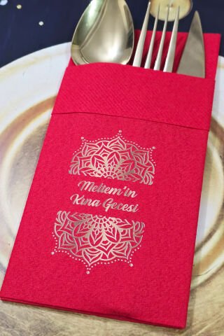 Kumaş Dokulu Cepli Kırmızı Peçete Gold Desenli Konsept Kına Konsept