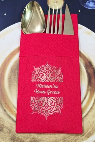 Kumaş Dokulu Cepli Kırmızı Peçete Gold Desenli Konsept Kına Konsept