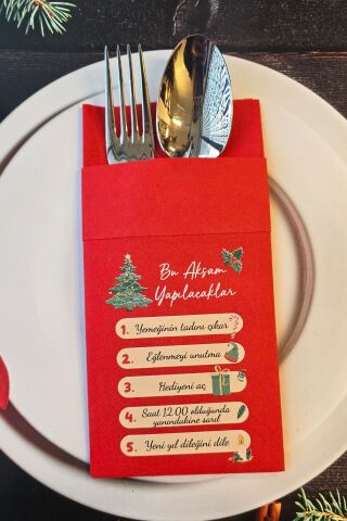 Kumaş Dokulu Kırmızı Yılbaşında Yapılacaklar Tasarım Baskılı Cepli Yılbaşı Peçetesi 6lı Paket