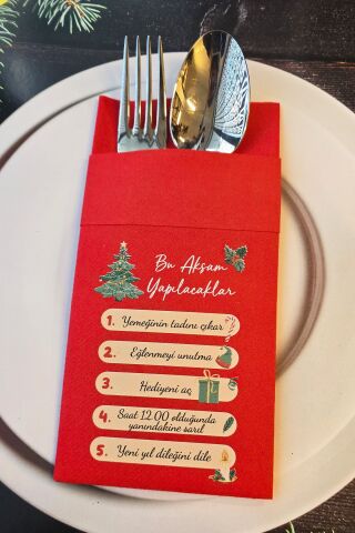 Kumaş Dokulu Kırmızı Yılbaşında Yapılacaklar Tasarım Baskılı Cepli Yılbaşı Peçetesi 6lı Paket