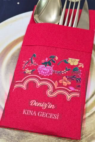 Kumaş Dokulu Cepli Kırmızı Peçete Bahar Çiçekleri Gold Konsept Kına Konsept