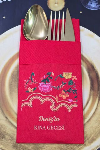 Kumaş Dokulu Cepli Kırmızı Peçete Bahar Çiçekleri Gold Konsept Kına Konsept