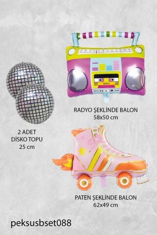 Retro Disko Tema Doğum Günü Balon Seti Retro Paten , Radyo ve Disko Topu Doğum Günü Balon Seti