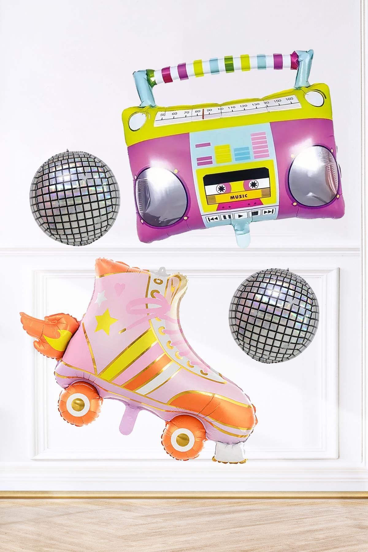 Retro Disko Tema Doğum Günü Balon Seti Retro Paten , Radyo ve Disko Topu Doğum Günü Balon Seti