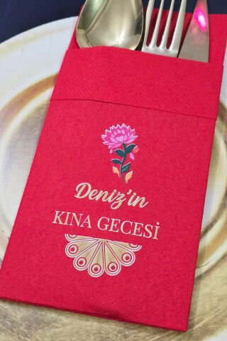 Kumaş Dokulu Cepli Kırmızı Peçete Pembe Çiçek Gold Konsept Kına Konsept