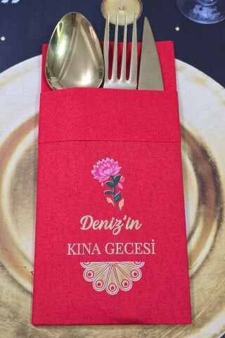 Kumaş Dokulu Cepli Kırmızı Peçete Pembe Çiçek Gold Konsept Kına Konsept