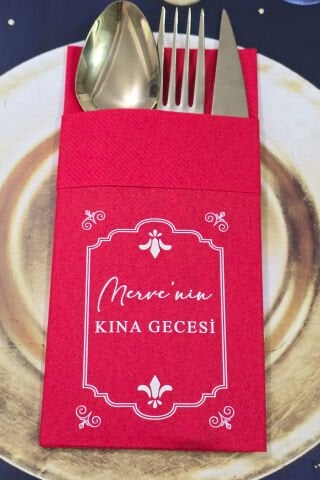 Kumaş Dokulu Cepli Kırmızı Peçete Kına Konsept