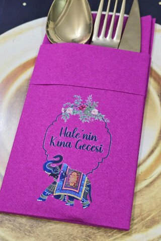 Kumaş Dokulu Cepli Fuşya Peçete Çiçekli Fil Kına Konsept