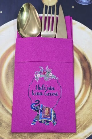 Kumaş Dokulu Cepli Fuşya Peçete Çiçekli Fil Kına Konsept