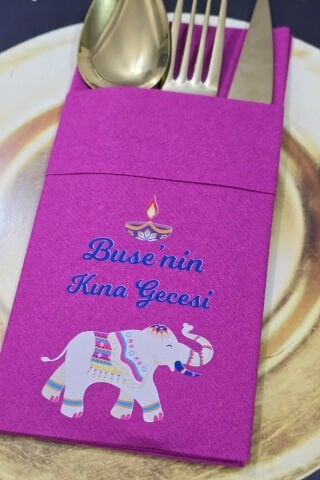Kumaş Dokulu Cepli Fuşya Peçete Etnik Fil Kına Konsept