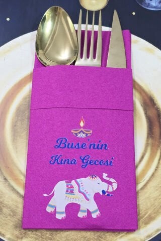 Kumaş Dokulu Cepli Fuşya Peçete Etnik Fil Kına Konsept