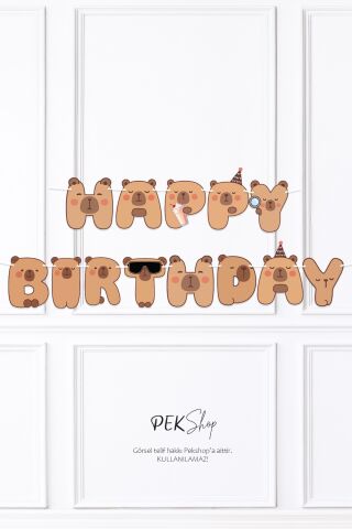 Kapibara 2li Banner Seti Kafalar ve Happy Birthday Banner Capybara Tema Parti Süsleri İpe Dizili Duvar Süsü