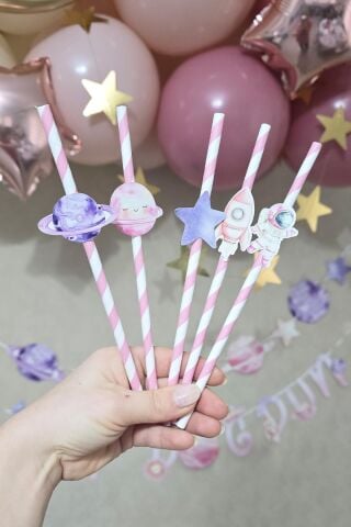 PEMBE Uzay Tema Pipet Süsleri 10lu Kız Uzay Konsept Lüks Pipet Paketi