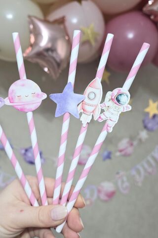 PEMBE Uzay Tema Pipet Süsleri 10lu Kız Uzay Konsept Lüks Pipet Paketi