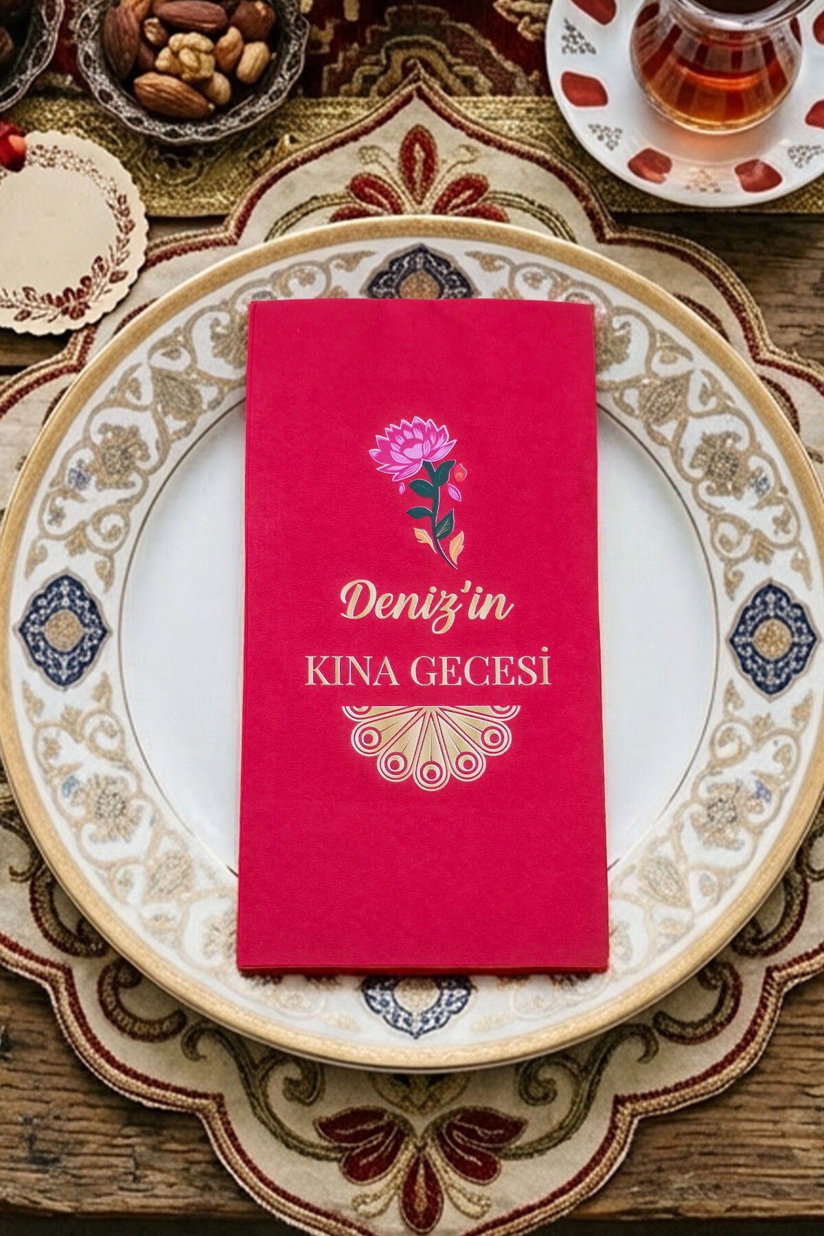 Pembe Çiçek Gold Kına Konsept Baskılı Kırmızı Peçete