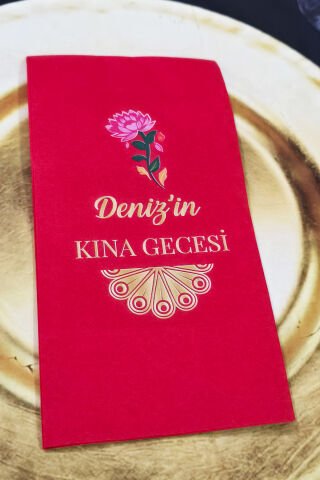 Pembe Çiçek Gold Kına Konsept Baskılı Kırmızı Peçete