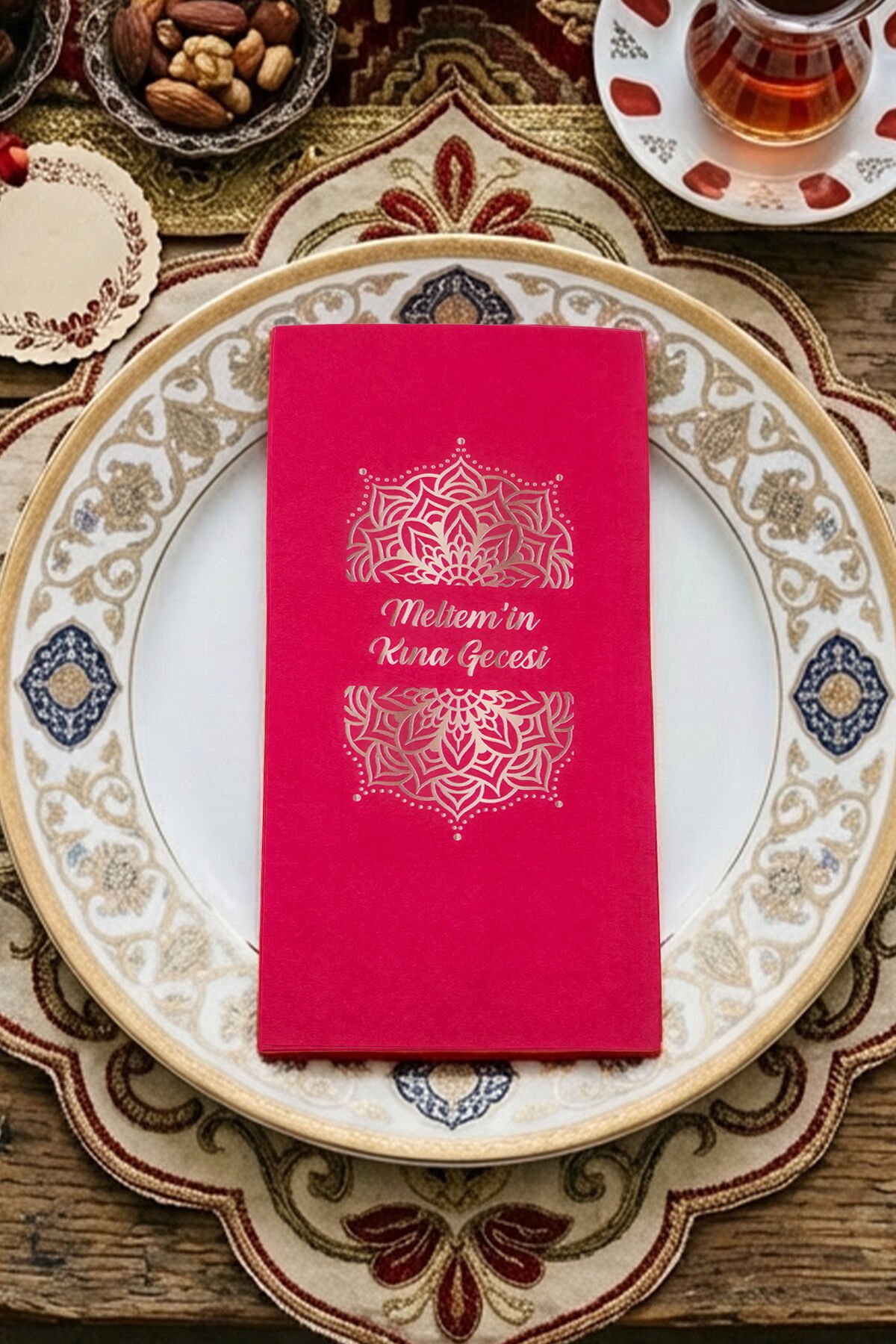 Gold Desenli Kına Konsept Baskılı Kırmızı Peçete