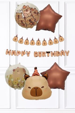 Kapibara Tema Doğum Günü Balon Seti Capybara Banner ve 5li Balonlu Set
