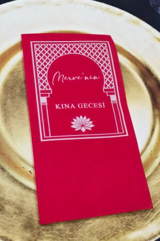 Etnik Çerçeveli Kına Konsept Baskılı Kırmızı Peçete