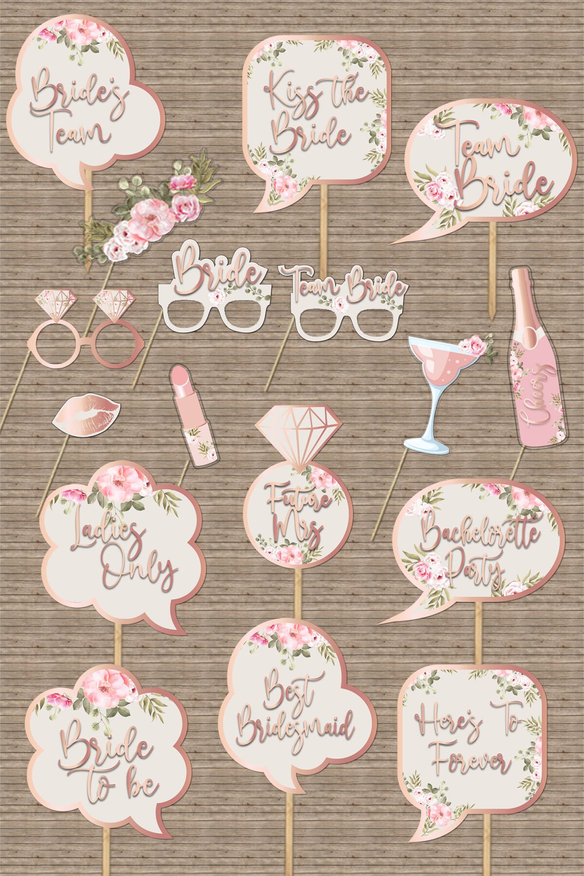 Çiçekli Rose Gold Konsept Bekarlığa Veda Konuşma Balonları