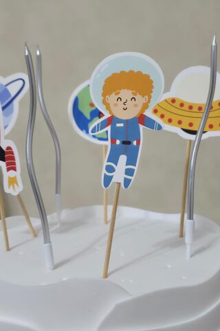 Uzay Konsept Pasta Süsleri Seti Pasta Mumu ve Pasta Kürdanları Süsleme Seti 8 Parça